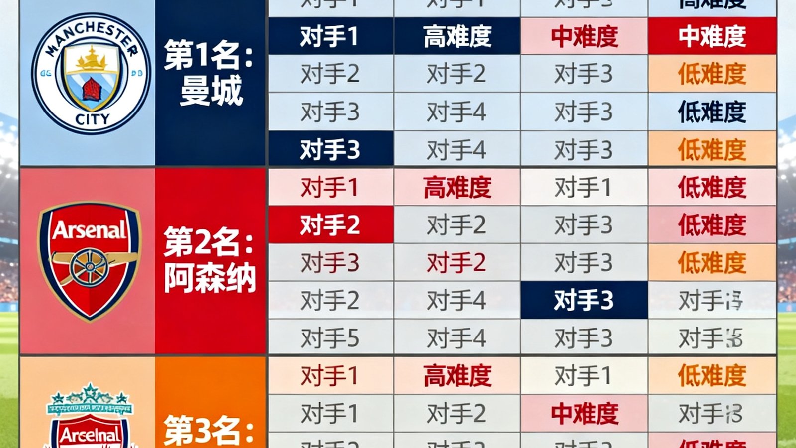 一张展示英超联赛积分榜排名的信息图表，用不同颜色标注了曼城、阿森纳、利物浦三支争冠球队的剩余赛程难度对比